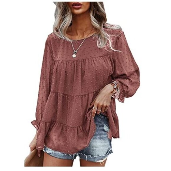 Pretty Garden Women's Swiss Dot Chiffon Ruffled-Sleeve Casual Blouse Pink Medium - Picture 1 of 12